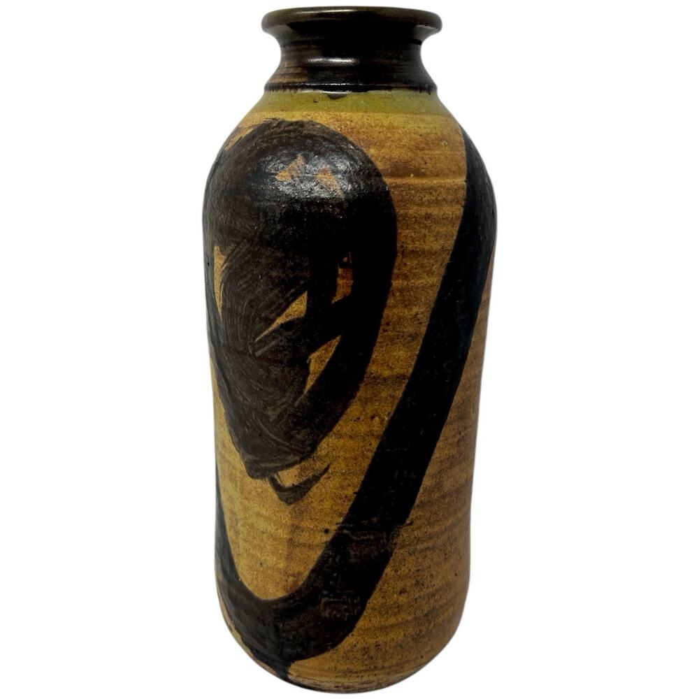 1972 Pitts Studio Pottery Vase Signed 10” Stoneware Brushwork Georgia Vintage
